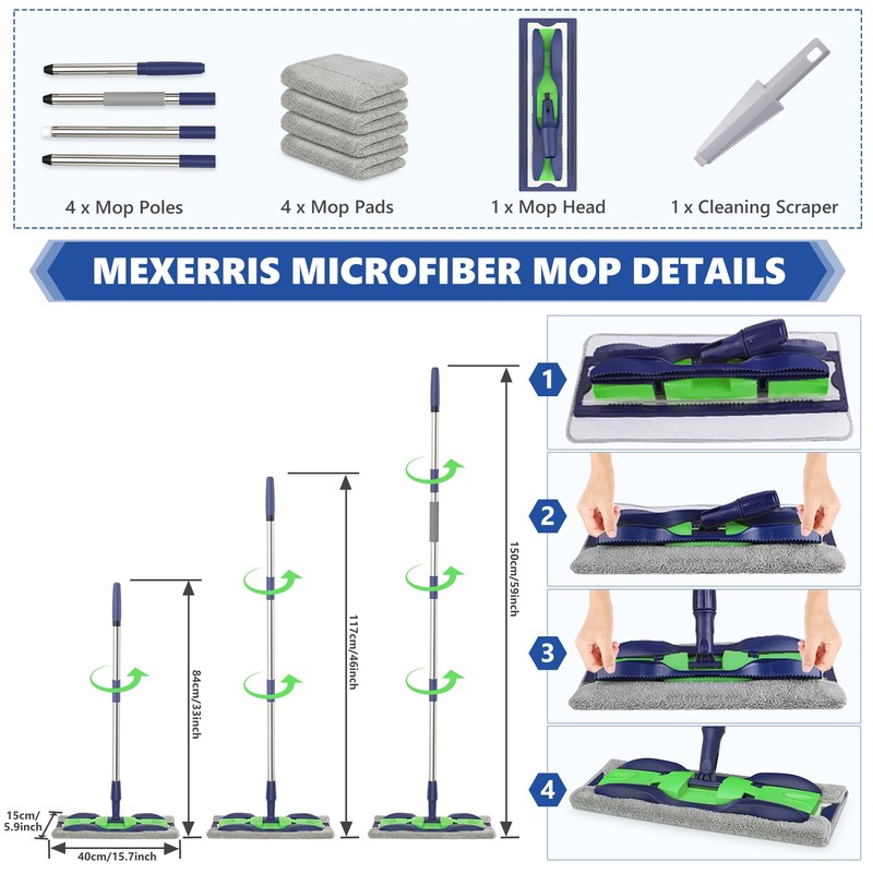 MEXERRIS Microfiber Mops for Hardwood Laminate Tile Floor Cleaning: Stainless