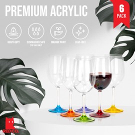 Red Co. Set of 6 Classic Clear Acrylic 12 Fl Oz Outdoor Wine Goblets with Colored Bases