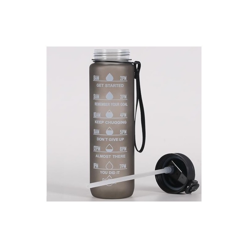 Motivational Time Marked Water Bottle with Straw and strap, 1L,