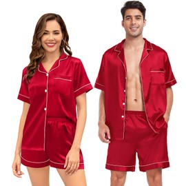 SWOMOG Men Matching Pajamas Sets Button Down Silk Pjs Short Sleeve Soft Lounge Sets 2 Pcs Loungewear Light Red