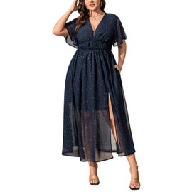 Anthropologie Plus Size Dresses: Navy Blue Wedding Guest Dress - Plus Size Mother of The Bride Dresses - Waist Slimming V Neck Dresses
