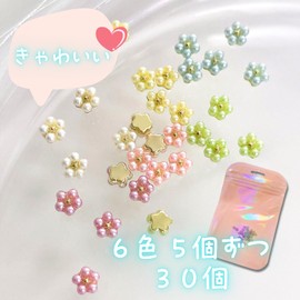 K-Bom Nail Parts, 6 Colors, 5 Pieces, 30 Pieces, Small and Cute, Lustrous Gloss, Jewelry Parts, Pearl Flowers, Flower Nails, Mini for Resin, 3D Nail with Base (Multi)