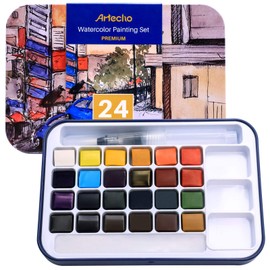 Artecho Watercolour Paint Set, 24 Colors Premium Watercolor Paint Set including Watertbrush Pen, Lightweight and Portable,Perfect Watercolour Paints for Artists kids and Beginners