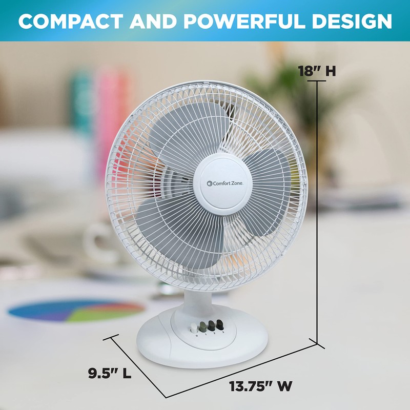 Comfort Zone Oscillating Table Fan with Adjustable Tilt, Convenient Push