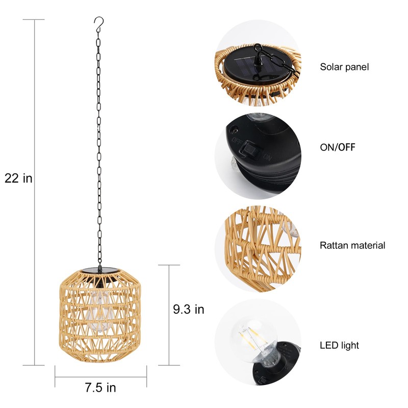Livinlarge Solar Pendant Light Outdoor,Chandelier Hanging Lantern with Edison Bulb,Boho