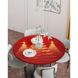 Christmas Tree Round Fitted Table Cover for Dining Tables,Elastic Edged Tablecloth Shining Lights Golden Xmas Trees Waterproof Oil Proof Tables Cover Cloths for Kitchen Dinner Party Event