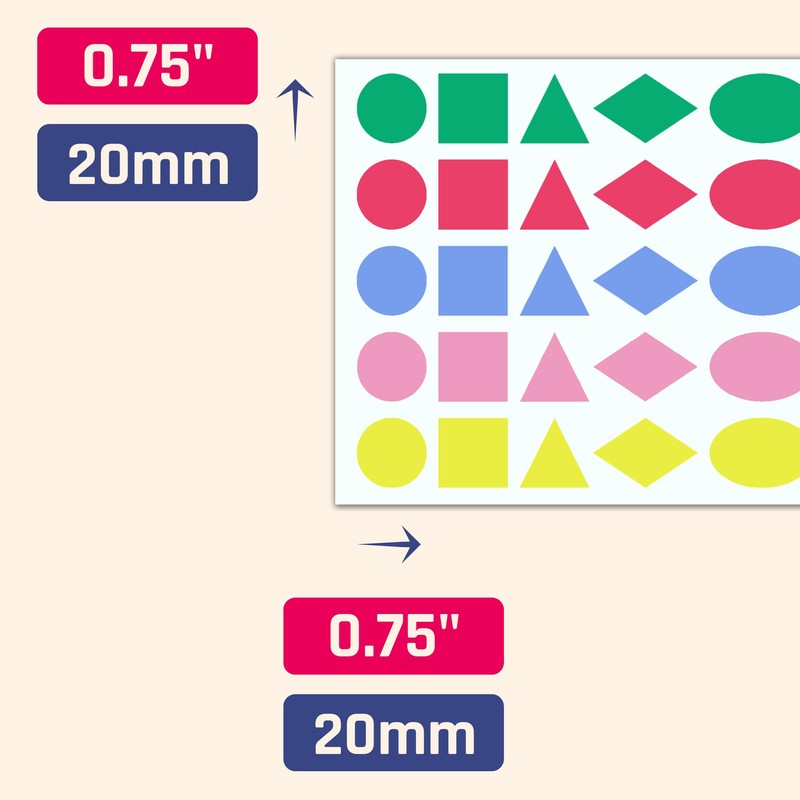 1000 Pieces, 2 cm - Coloured Shape Stickers, Colour Coded