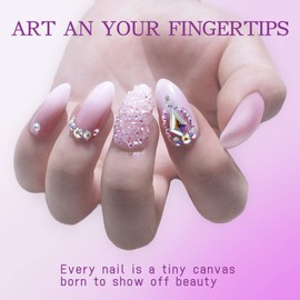 Leuhiove Pink Press on Nails Almond Fake Nails with hinestones&Glitter Powder Designs Almond Shaped Press on Nails Short False Nails with Glue Bling Artificial NailS For Women Girls 24 Pcs