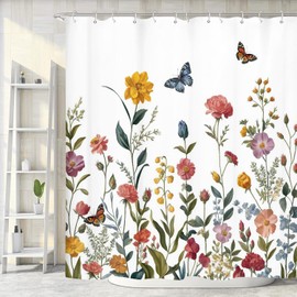 Floral Shower Curtain for Bathroom, Retro Watercolor Flower Pretty Colorful Decor Bath Curtain, Vintage Plant Wildflower Shower Curtain Set Bathtub Decor Accessories with Hooks 72X72 in