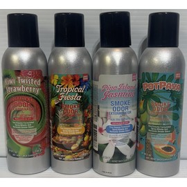 Smoke Odor Exterminator 198 gm/ 7 oz Large Spray Kiwi Twisted Strawberry Set of Four Cans. Inlcudes Kiwi Twisted Strawberry, Tropical Fiesta, Pine Island Jasmin & Potpaya.