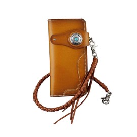Men Turquoise Concho Leather Long Handmade Biker Wallet W/Braid Leather Chain