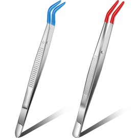 Honoson 2 Pieces Tweezers Curved Bent Tip Tweezers with Rubber Silicone Tips PVC Coated Non Marring Soft Long Rubber Stainless Steel Tools for Jewelry Crafts(Red, Blue)