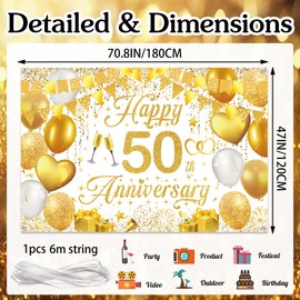 50th Wedding Anniversary Banner Backdrop - Gold Happy 50th Anniversary Decorations, Golden Wedding Anniversary Party Photo Background Decoration Supplies(180x120 cm)