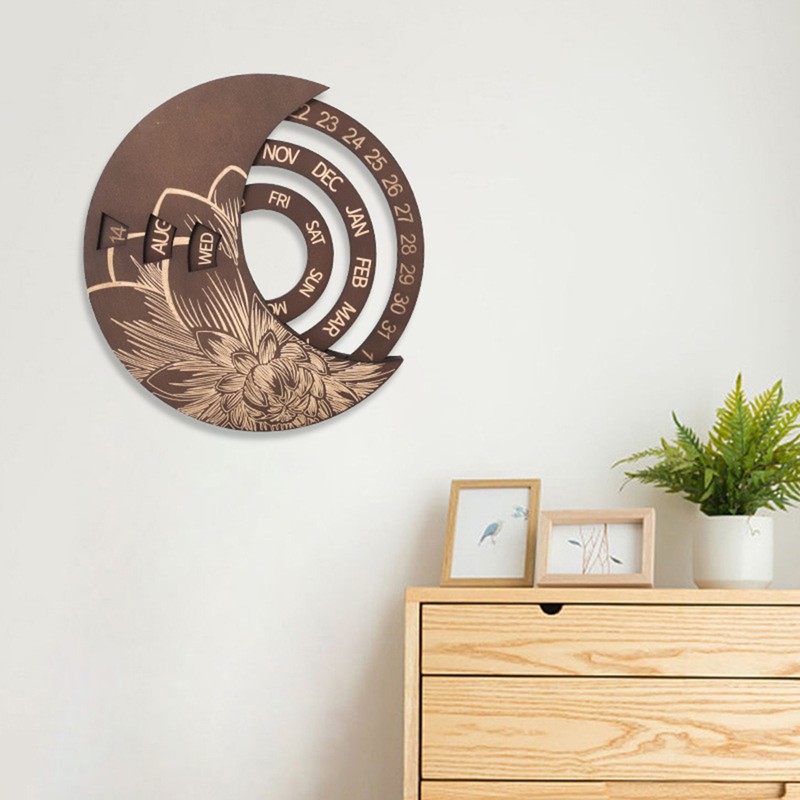 Wooden Wall Calendar Wall Mounted Rotatable Perpetual Calendar Adjustable Round