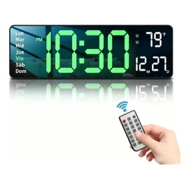 Reloj De Pared Digital Con Termómetro, Alarmas Y Calendario Estructura Negro/verde Fondo Verde