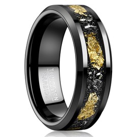 NUNCAD 8mm Black Tungsten Rings for Men, Meteorite Rings for Men With Gold Foil Inlay Beveled Edge, Promise Engagement Wedding Bands High Polished Comfort Fit Size 9