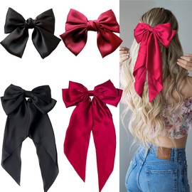 4 Pieces Silky Satin Hair Bows Soft Ribbon Clips Hair Barrettes for Women Girls Large Bow Hair Slides Metal Clips French Barrette Long Tail Hair Accessories (Black, Wine Red)