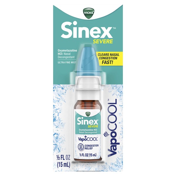 Vicks Sinex Severe, Nasal Spray with VapoCOOL, Ultra Fine Nasal Mist, Sinus Decongestant for Fast Acting Relief of Cold & Allergy Congestion, 0.5 Fl Oz (15 ml)