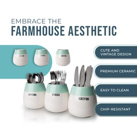 Ceramic "Honeypot" Cutlery Holder - Set of 3 - Farmhouse Silverware Caddy for Kitchen Countretop - Decorative Spoon, Fork & Knife Holder for Parties & More - Rustic Caddy Made of Premium Ceramic