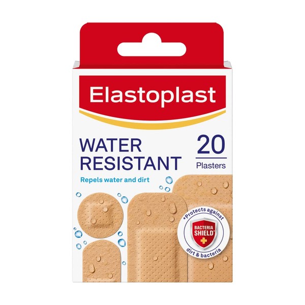 Elastoplast Water Resistant Plastic Plasters (20 Pieces), Dirt and Water-Resistant Plasters, Plasters Waterproof, First Aid Plasters, Strong Adhesion with Non-Stick Wound Pad, Breathable Material, Tan