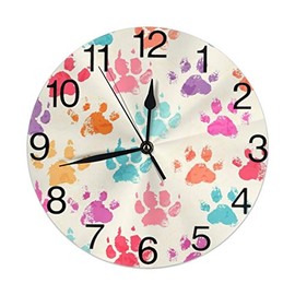KiuLoam Colorful Dog Paws Print Vinatge Round Wall Clock Silent Non Ticking Battery Operated Easy to Read for Student Office School Home Decorative Clock Art