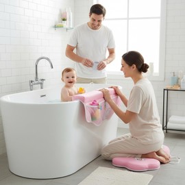 Bath Kneeler and Elbow Rest Pad Set, Bathtub Kneeling Pad with Elbow Support and Storage Pockets, Baby Bath Support Non-Slip, Machine Washable, Quick Drying for Comfortable Baby Bathing (Pink)
