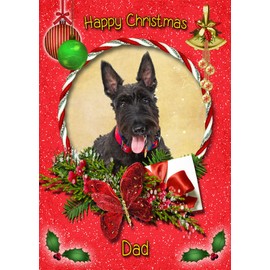 Scottie/Scottish Terrier Dog Christmas Card Red 'Happy Christmas Dad' - Special Animal Xmas Card for Him From Pets Kids