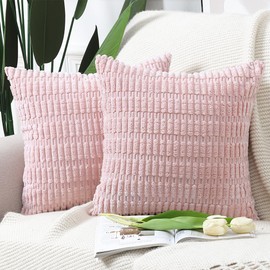 MADIZZ Pack of 2 Boho Striped Corduroy Throw Pillow Covers 24x24 Inch Light Pink Soft Decorative Cushion Cover for Sofa Bedroom Pillow Shell