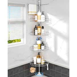 ALLZONE Corner Shower Caddy Tension Pole, 4-Tier Adjustable Shelves, Rustproof Bathroom Shower Organizer Corner for Inside Shower Storage, Tension Mounted, 56 to 113 Inch Height, Sliver