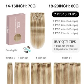 SUYYA Clip-In Real Hair Extensions, Salon Remy Human Hair Extensions, Straight Straight Hair Extensions, Clip, Double Stitched, 18 Inches, 45 cm, 7 Pieces, 80 g, #P18/613 Ash Blonde with Bleach Blonde