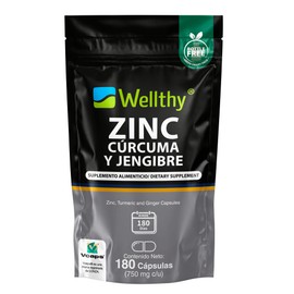 Wellthy Zinc, Cúrcuma y Jengibre 180 Cápsulas. L-Optizinc Fórmula Patentada de Alta Aborción por el Laboratorio Suizo Lonza. Solo 1 Cápsula al día, VCaps Cápsulas Veganas, Bottle Free.