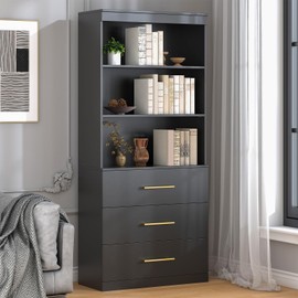 Winkalon 71“H Black Bookshelf with Drawers, Bookcase and Bookshelf with 3-Tier Open Shelves, Tall Bookcase Tall Storage Cabinet for Home Office Living Room