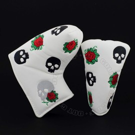19th Hole Custom Shop Skull and Rose Headcover for Blade and Midsize Mallet Putter, White, Golf Head Cover