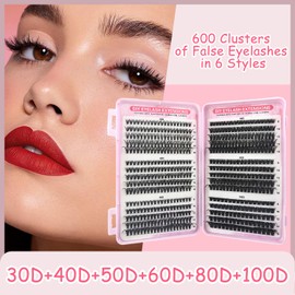 xiluuyou 580Pcs Individual Cluster Eyelashes Kit, D Curl DIY Lash Extensions with Tweezer, 30 40 50 60 80 100D Mixed Volume Cluster Lashes, 8-16mm Mixed Length for Home Self Application