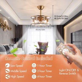 Kreiaoer 18" Ceiling Fans with Lights, Gold Caged Ceiling Fan with Remote Control and 7 Fan Blades, 6-Speed Reversible Ceiling Fan Light Fixture for Kitchen Bedroom Office 5*E26