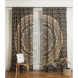 Popular Handicrafts Indian Hippie Bohemian Beautiful Ombre Color Mandala Paneles de cortina de mandala negro y oro