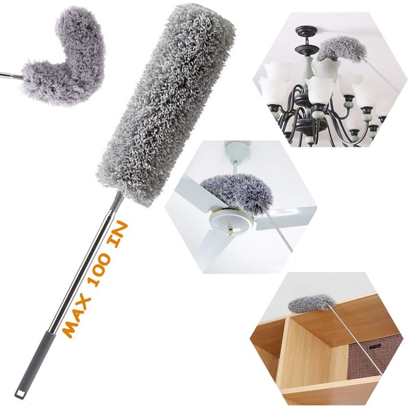 Upgraded Microfiber Duster for Cleaning with Extension Pole(Stainless Steel)31.5-100 Inch, with Bendable Head. Cleaner with Long Extendable Handle for Cleaning High Cobweb,Ceiling Fan,Blinds,Furniture