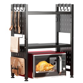 Adjustable Microwave Stand,Microwave Oven Rack Shelf Heavy Duty 3-Tier Shelf with 9 Hooks for Kitchen Shelves Counter Top Organizer, Holds 180lbs Bakers Racks for Kitchens,with Cutting Boards Stand