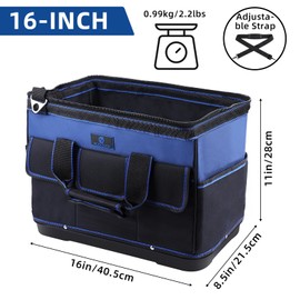 ROCKCOON Tool Bag 16'', Multi-pocket Tool Organizer with Water Proof Plastic Base, Heavy Duty Tote with Shoulder Strap for Tool Storage, Black & Blue