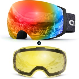 Odoland Unisex Ski Goggles for Women, Men, Teenagers, Frameless Snowboard Goggles with Magnetic Interchangeable Lens, UV Protection, Anti-Fog, Snow Goggles, Helmet-Compatible, Black/Red
