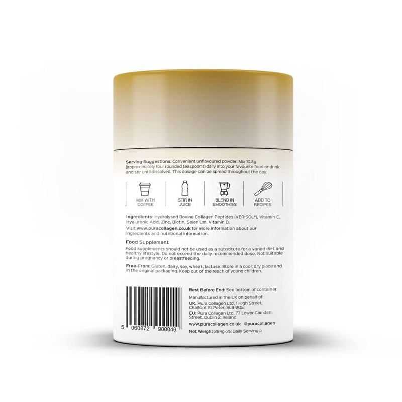 Pura Collagen Powdered Supplement Glow+, 10,000mg Hydrolysed Peptides, Hyaluronic Acid,