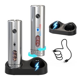 CIRCLE JOY Electric Salt and Pepper Grinder Set with Rechargeable Base Upgraded Stainless Steel Automatic Salt and Pepper Shakers with 2 Grinding Speeds, External Adjustment and 176ml Capacity, Silver