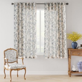 Lazzzy Linen Farmhouse Curtains Blue Floral Curtains 63 Inch Length Back Tab Drapes for Living Room Bedroom Light Filtering Country Vintage Rod Pocket Curtain, 2 Panels, Blue on Beige