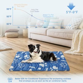 BEAUTYZOO Dog Cooling Mat- Upgraded Thicken Cooling Mat for Large Dogs Reversible(Cool & Warm) Pet Ice Cool Bed Washable & Portable, Summer Crate Pad for Big Dog Puppy Up to 44 lbs, Paw Blue 36X23IN