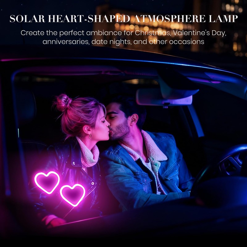 2Pcs Car LED Ambient Light, Solar Powered Heart Shape Lights,