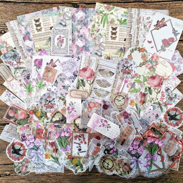 Ta Merry Collage Seals, Assorted Flake Seals, Planner Stickers, Pack of 100, Set, Large Capacity, Retro, Background Paper, Lots of Paper, Stylish, Cute, Vintage Classic, Antique, Flowers, Letters, Girls, Butterflies, Hearts, Lace