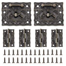 YINETTECH Pack of 2 Antique Embossing Locking Lock Hasp Latch Lock & 4 Pieces Bronze Mini Hinge for Vintage Wooden Box Jewellery Box Wine Box Cabinet Boxes