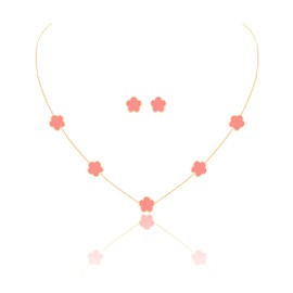JIEMUCHU Gold Plated Stainless Steel Four Leaf Clover Necklace and Stud Jewelry Set for Women (Pink-Gold Plated)