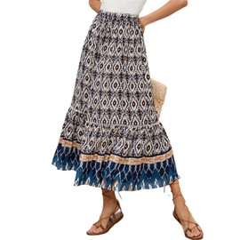 SotRong Womens Boho Maxi Skirt High Waist Flowy Long Elastic Waist Ethnic Print Summer Beach Lightweight Pleated A-Line Casual Vacation Bohemia Skirts Navy Blue L
