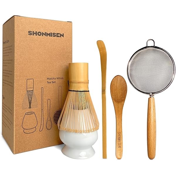 Bamboo Matcha Whisk Set -Matcha Whisk (Chasen),Whisk Holder(White),Sifter,Tea Scoop and